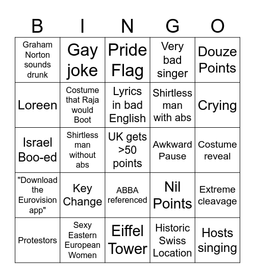 Eurovision Bingo Card