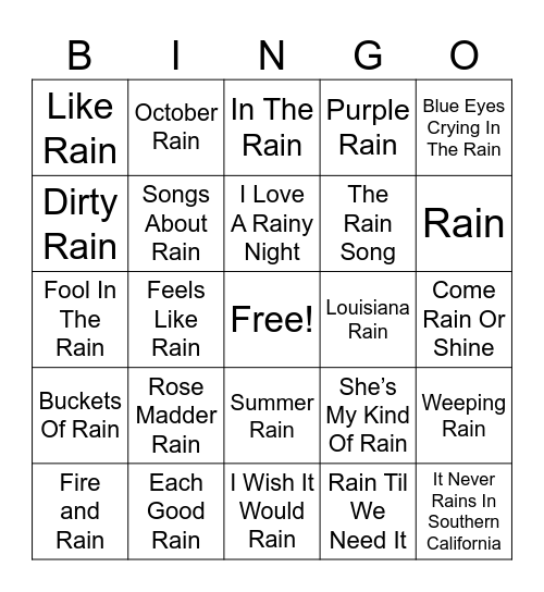 Songs About Rain Bingo Card