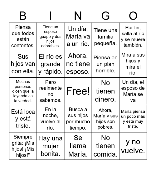 La Llorona Bingo Card