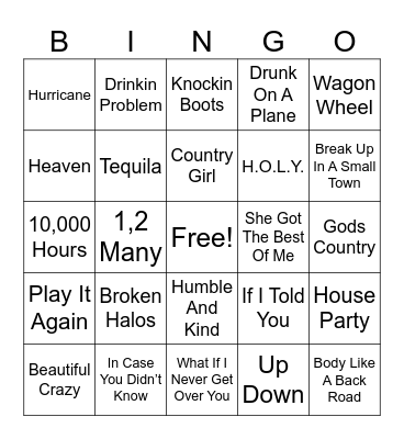 2018 Country Hits Bingo Card