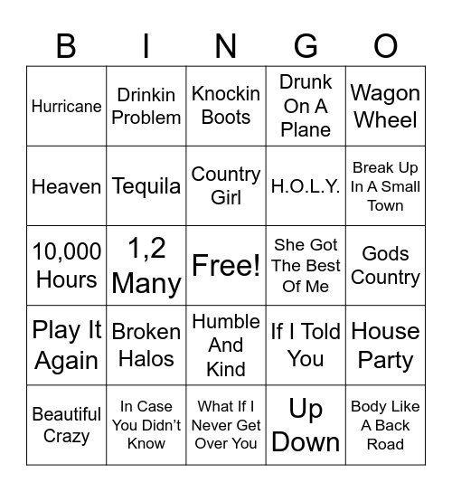 2018 Country Hits Bingo Card