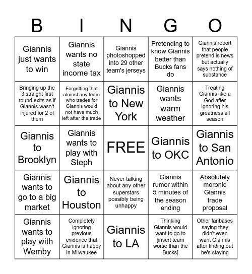 Giannis Offseason Bingo Card