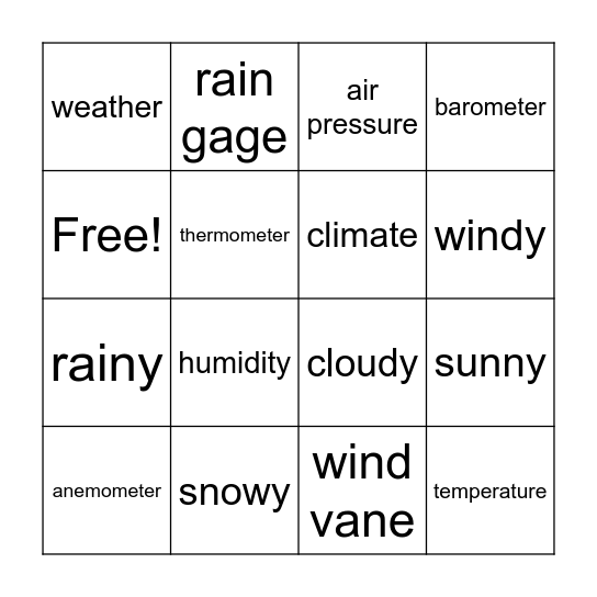 Weather Vocabulary Bingo Card