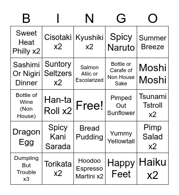 Tsunami Specials Bingo Card