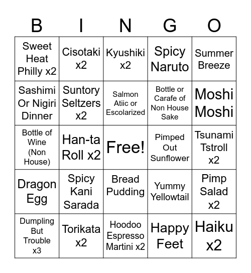Tsunami Specials Bingo Card