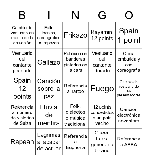 Eurovision 2025 Bingo Card