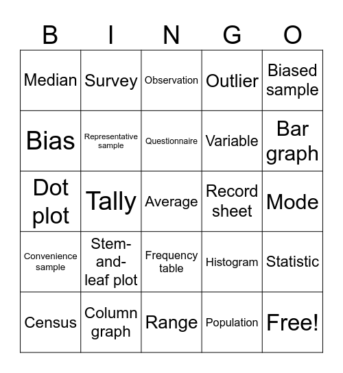 Year 8 Data & Statistics Terms Bingo Card