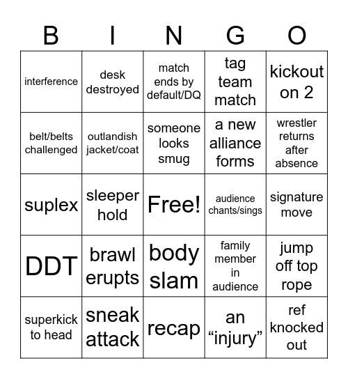 Wrestling Bingo Card