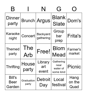 Summer Socializing Bingo Card