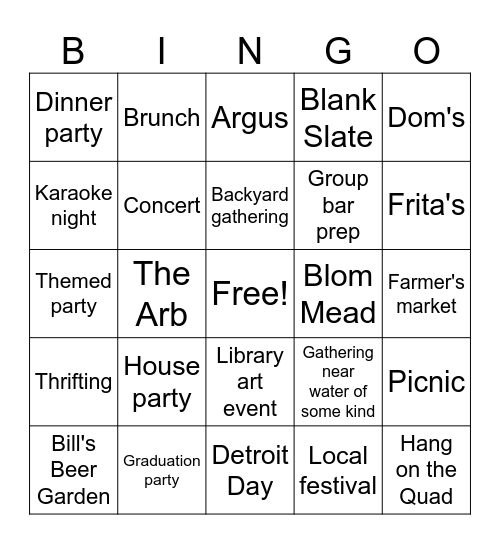Summer Socializing Bingo Card