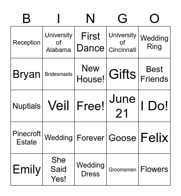 Bridal Shower Bingo Card