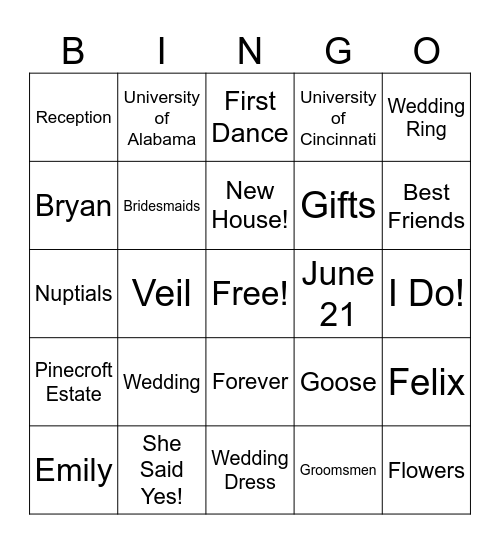 Bridal Shower Bingo Card