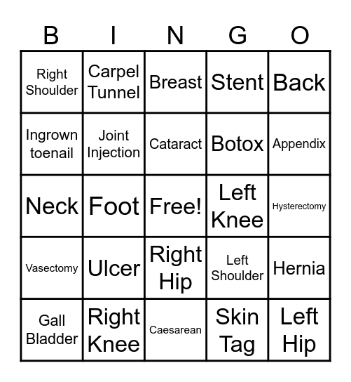 Surgery Bingo Card