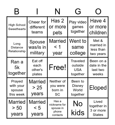 Marriage Weekend Bingo Card