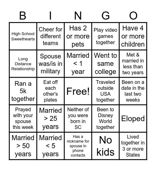 Marriage Weekend Bingo Card
