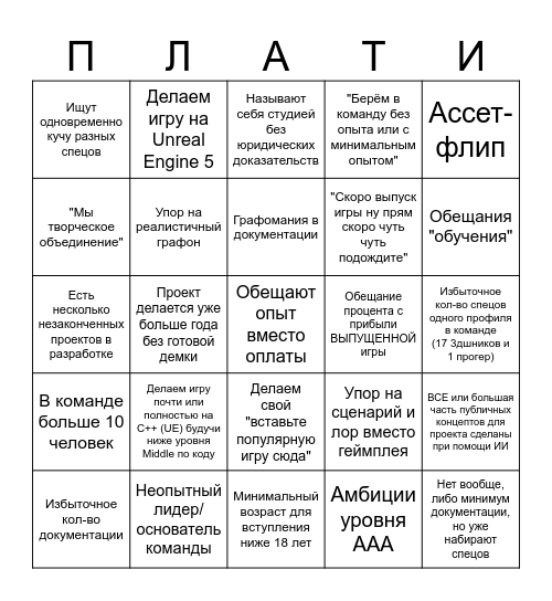 Бинго "команды на энтузиазме" Bingo Card