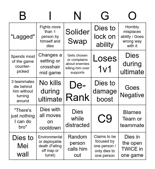 Tylers Overwatch gameplay Bingo Card