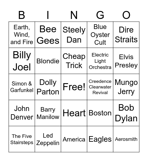 Round 1: 70's Hits Bingo Card