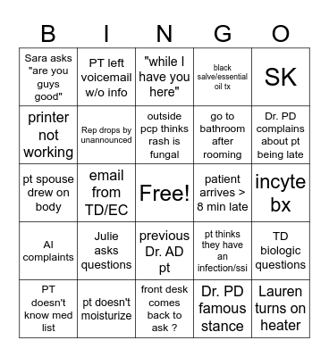 Dermatology Bingo Card