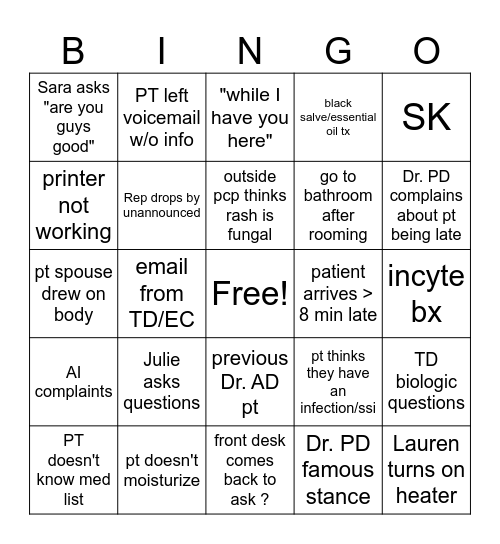 Dermatology Bingo Card