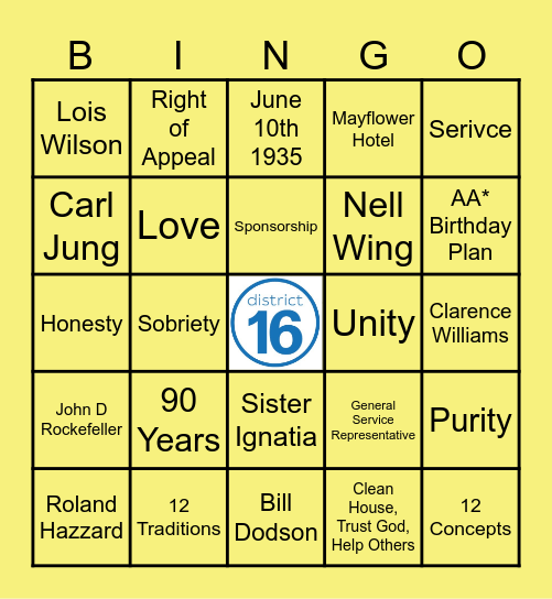 Alcoholics Anonymous Bingo Card