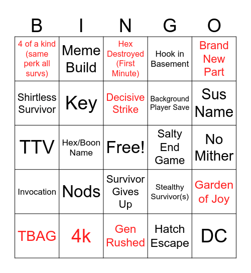 Dead by Daylight Bingo Card