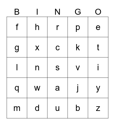 alphabet  lower case  BINGO Card