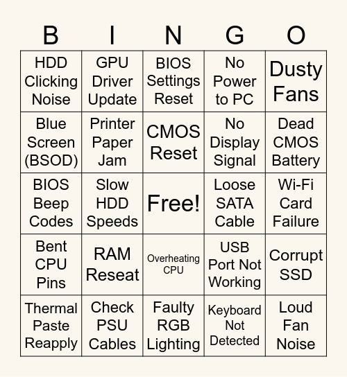 Hardware Bingo Card