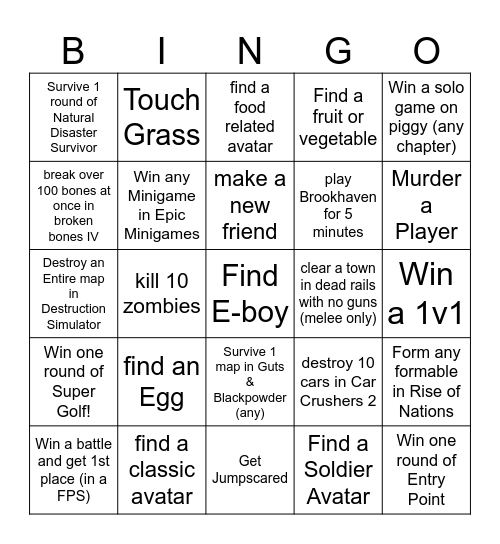 Roblox Bingo Card