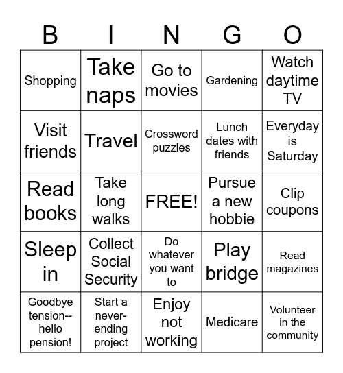 RETIREMENT Bingo Card