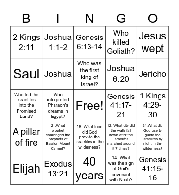 Bible Game Bingo Card