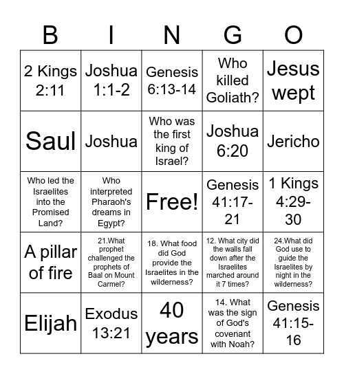 Bible Game Bingo Card