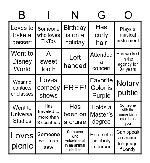 Get to Know You - BINGO! Bingo Card