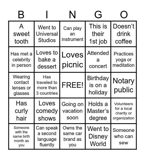 Get to Know You - BINGO! Bingo Card