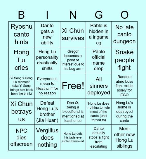 Limbus Canto 8 Predictions Bingo Card