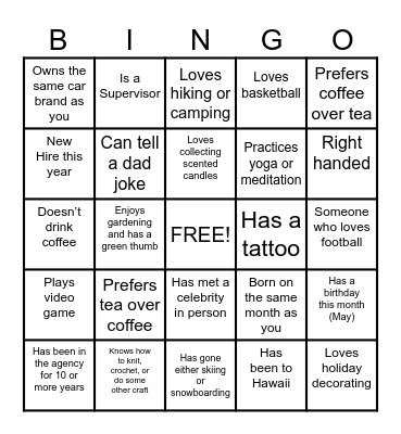 Get to Know You - BINGO! Bingo Card