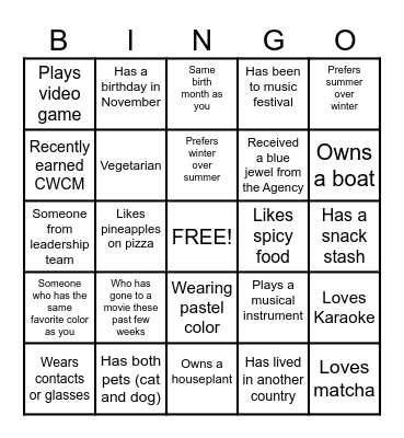 Get to Know You - BINGO! Bingo Card