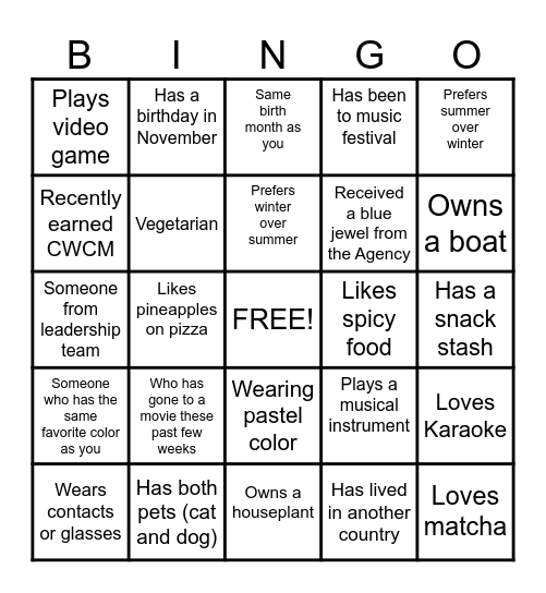 Get to Know You - BINGO! Bingo Card