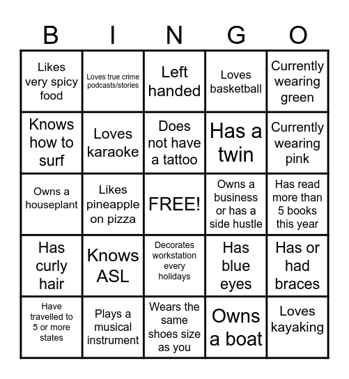 Get to Know You - BINGO! Bingo Card