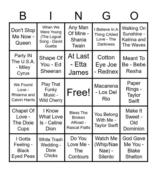Songs For Brides Bingo Card