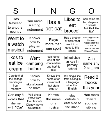 Choir SINGO Bingo Card