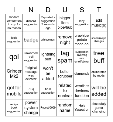 Industrialist Suggestion Bingo Card