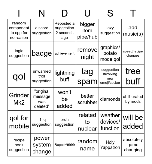 Industrialist Suggestion Bingo Card
