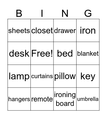 Housekeeping vocabulary Bingo Card