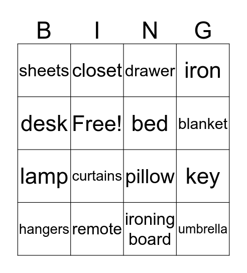 Housekeeping vocabulary Bingo Card