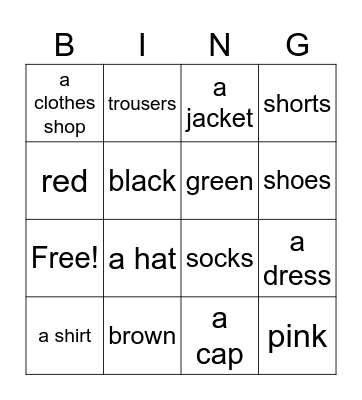 Clothing and colors Bingo Card