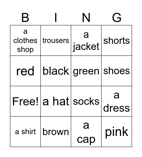 Clothing and colors Bingo Card