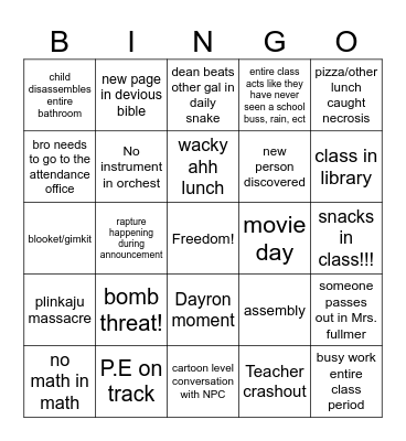 school bingo Card