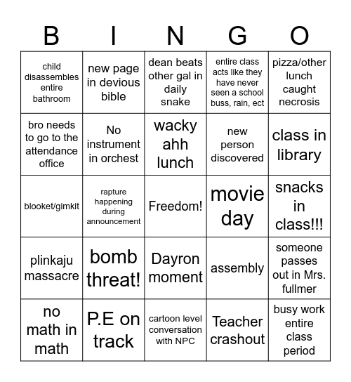 school bingo Card