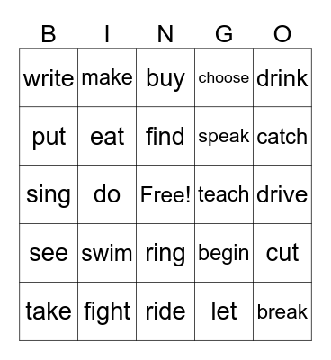 Verbs - Base Forms Bingo Card